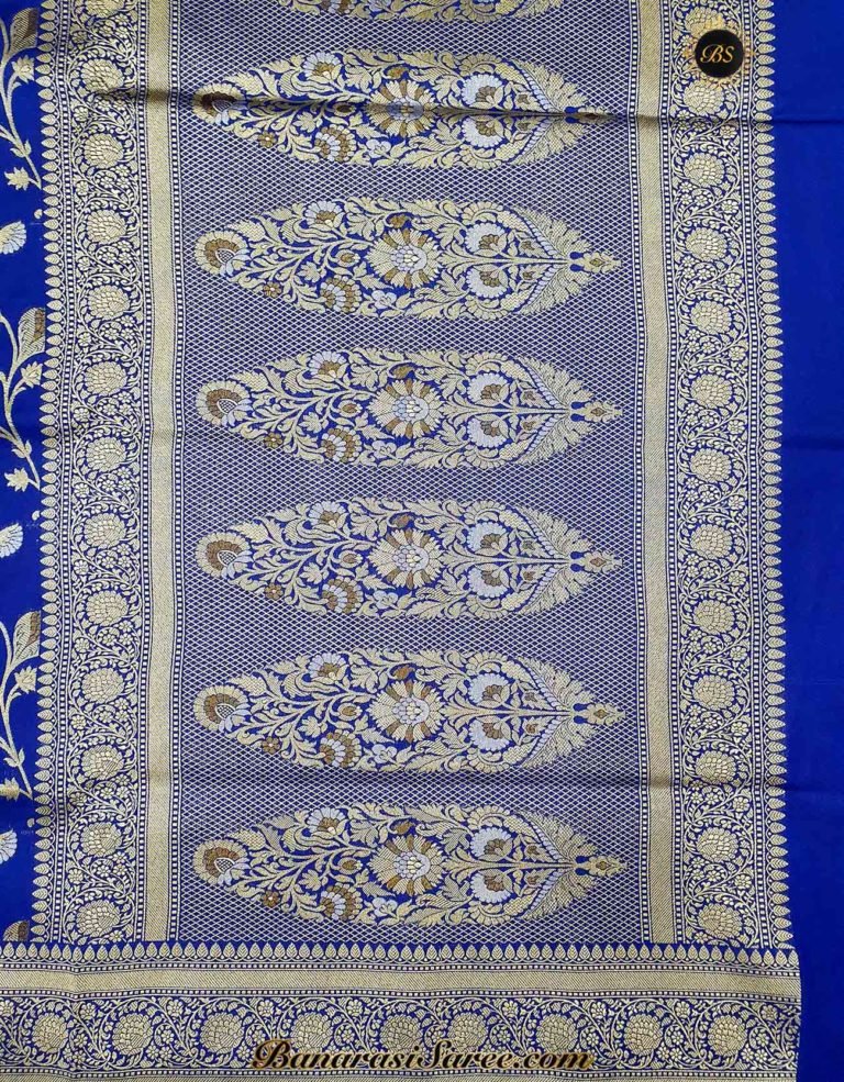 Banarasi Handloom Soft Silk Royal Blue Color Sona Roopa Jaal Saree - Image 3