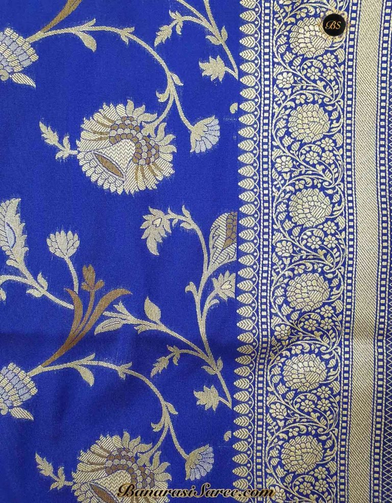 Banarasi Handloom Soft Silk Royal Blue Color Sona Roopa Jaal Saree - Image 4