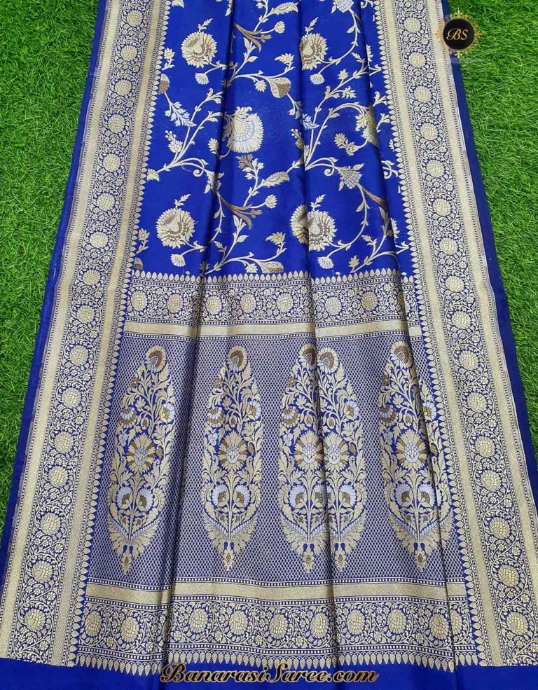 Banarasi Handloom Soft Silk Royal Blue Color Sona Roopa Jaal Saree