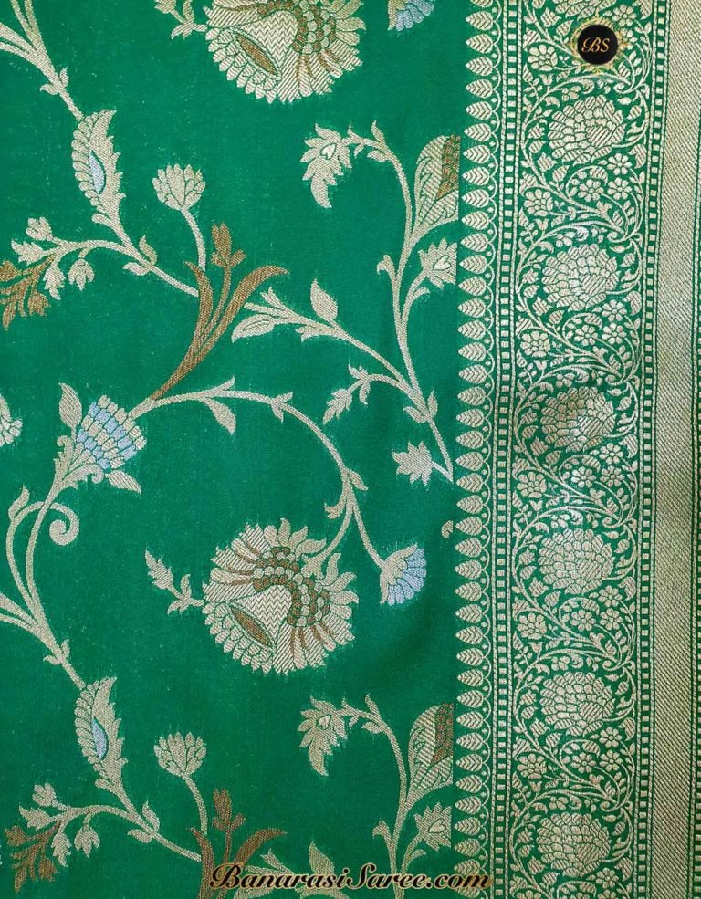 Banarasi Handloom Soft Silk Dark Green Color Sona Roopa Jaal Saree - Image 4