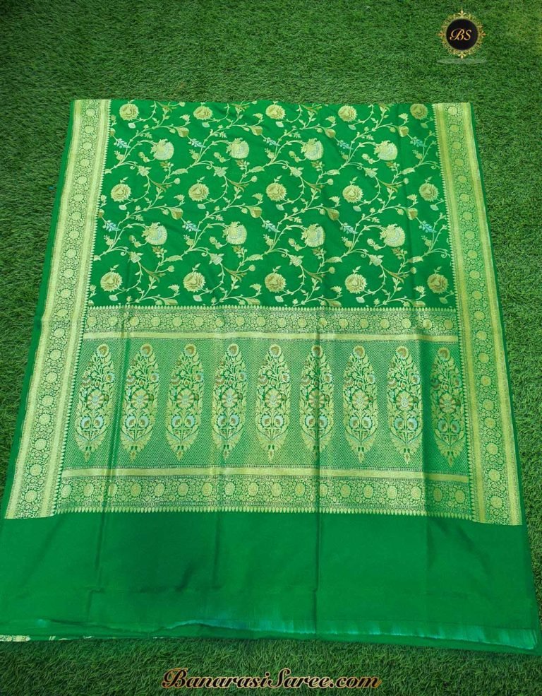 Banarasi Handloom Soft Silk Dark Green Color Sona Roopa Jaal Saree - Image 6