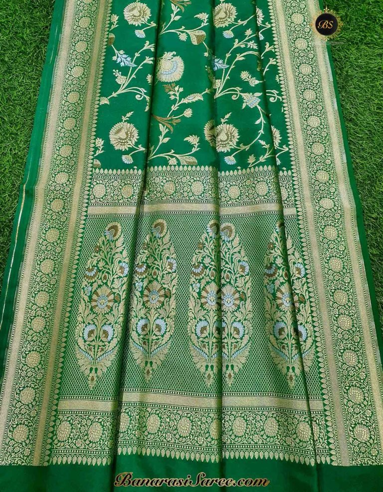 Banarasi Handloom Soft Silk Dark Green Color Sona Roopa Jaal Saree