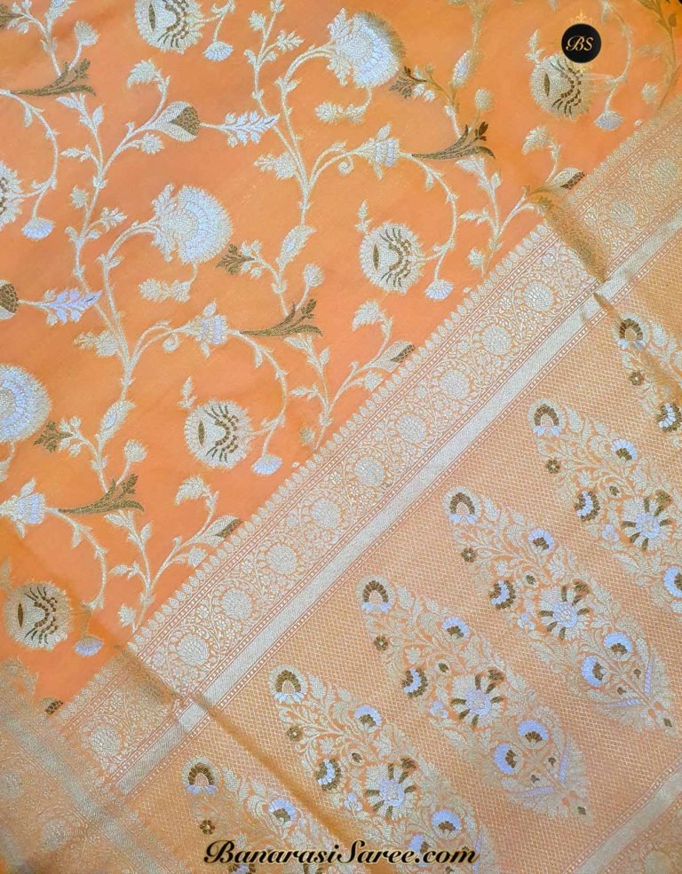 Banarasi Handloom Soft Silk Peach Color Sona Roopa Jaal Saree - Image 2