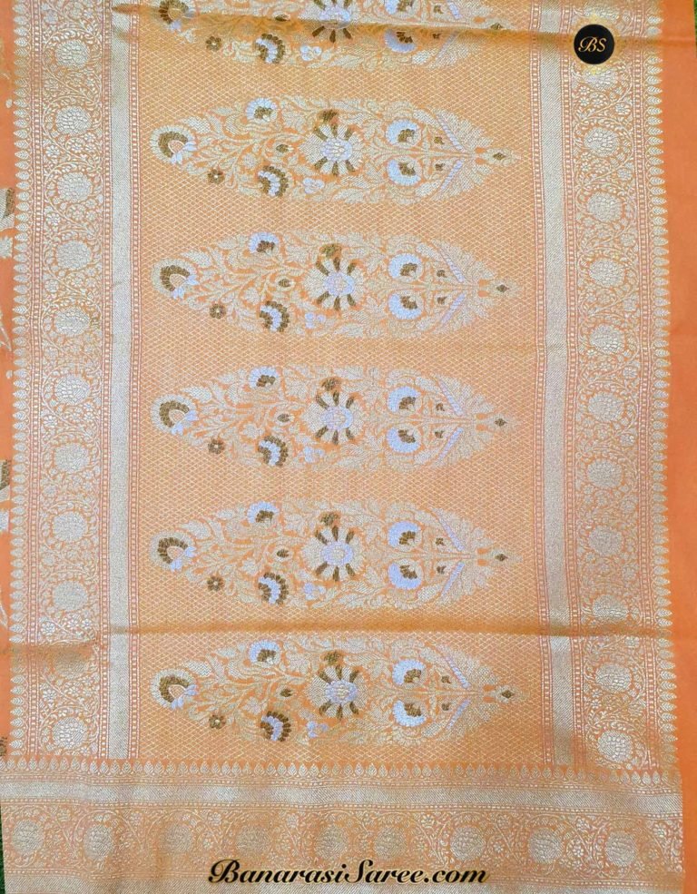 Banarasi Handloom Soft Silk Peach Color Sona Roopa Jaal Saree - Image 3