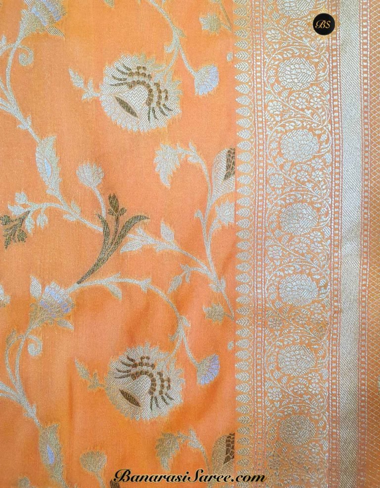 Banarasi Handloom Soft Silk Peach Color Sona Roopa Jaal Saree - Image 4