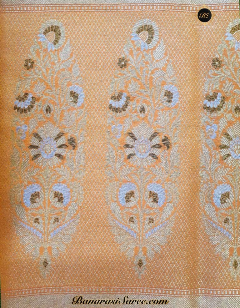 Banarasi Handloom Soft Silk Peach Color Sona Roopa Jaal Saree - Image 5