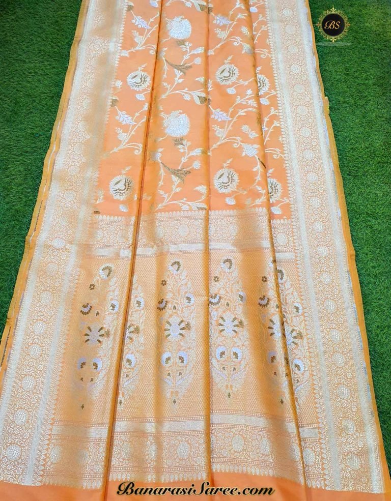 Banarasi Handloom Soft Silk Peach Color Sona Roopa Jaal Saree