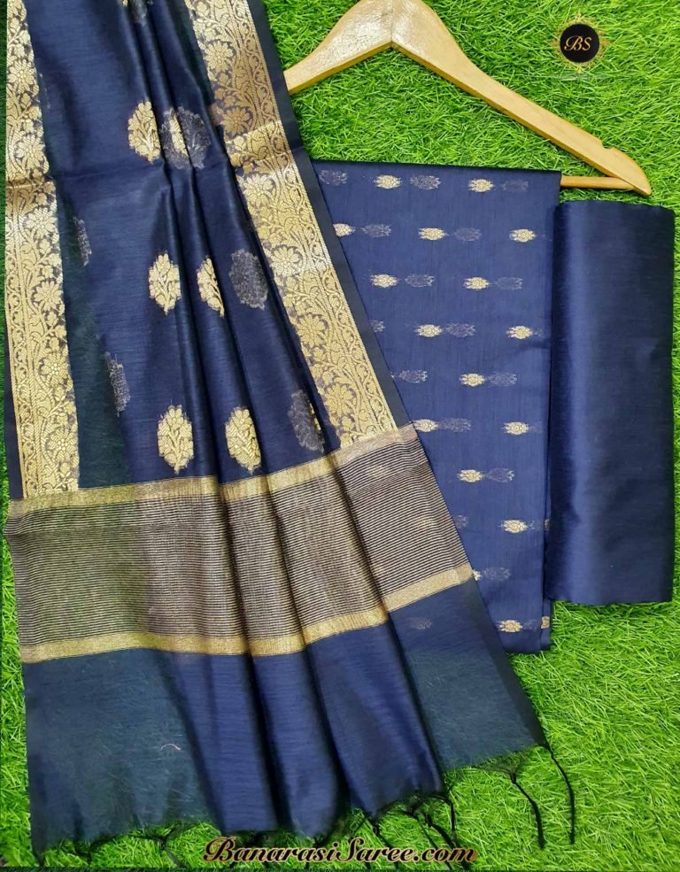 Banarasi Handloom Cotton Silk Navy Blue Color Booty Suit