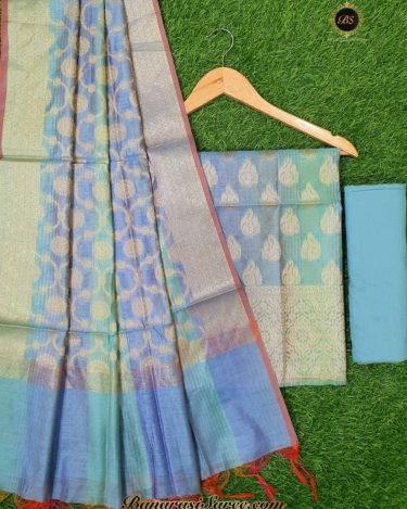 Banarasi Handloom Cotton Silk Sky Blue Color Boota Suit