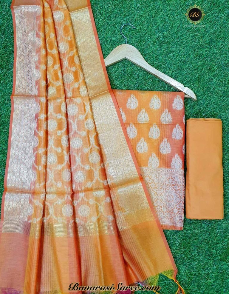 Banarasi Handloom Cotton Silk Orange Color Boota Suit