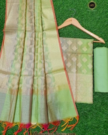 Banarasi Handloom Cotton Silk Pista Green Color Zari Boota Suit