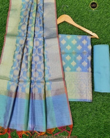 Banarasi Handloom Cotton Silk Sky Blue Color Zari Boota Suit