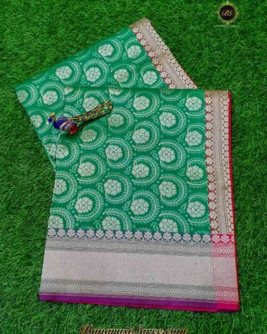 Banarasi Handloom Soft Silk Green Color Zari Jaal Saree